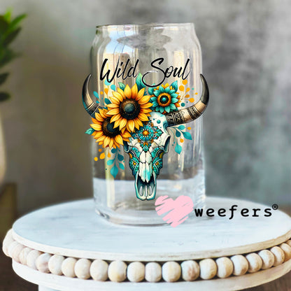 Wild Soul Teal Sunflower Cow Skull UV DTF Decal 16oz Libbey Glass Original Size Weefers