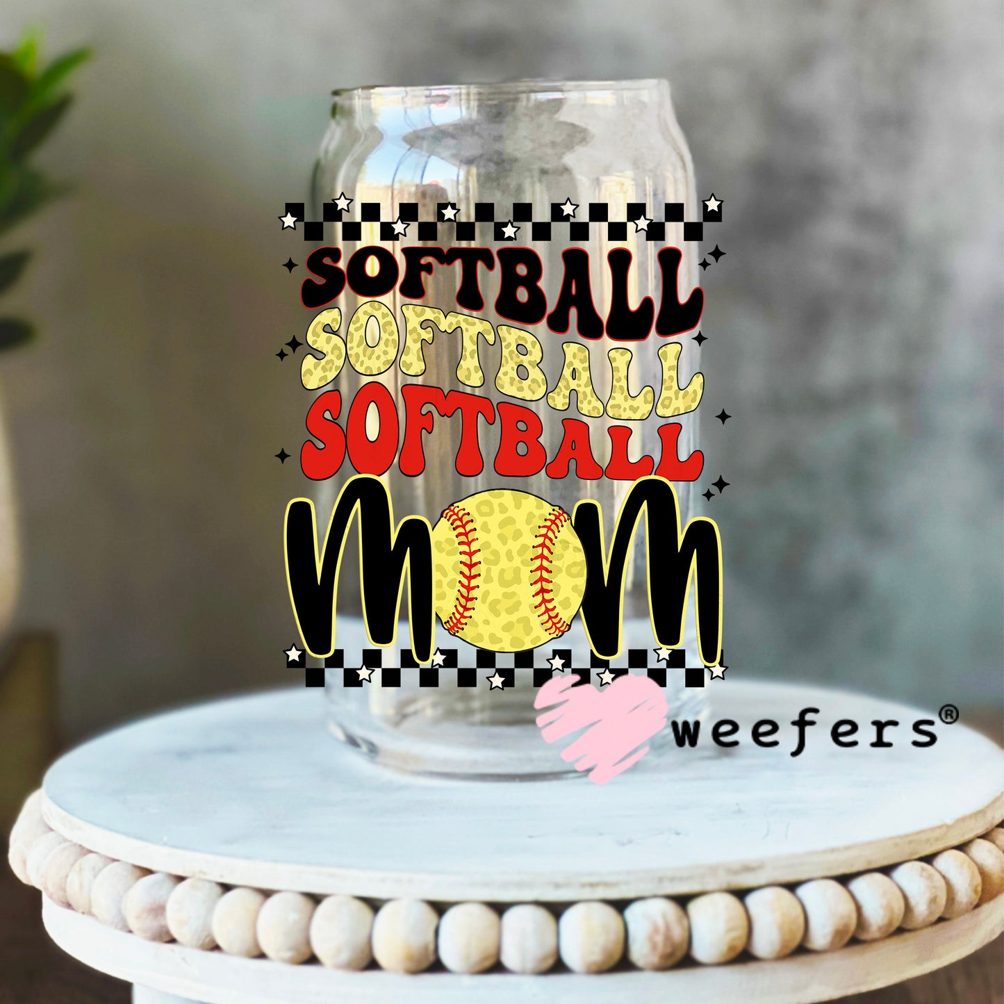 Softball Mom Stacked Wave UV DTF Decal 16oz Libbey Glass Original Size Weefers