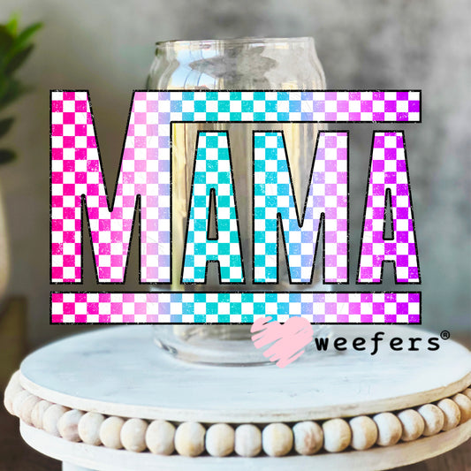Mama Checkered Pink Teal Purple UV DTF Decal 16oz Libbey Glass Original Size Weefers