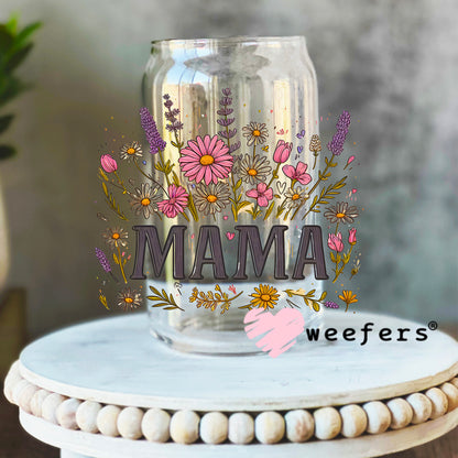 Mama Grey Pink Wildflowers UV DTF Decal 16oz Libbey Glass Original Size Weefers