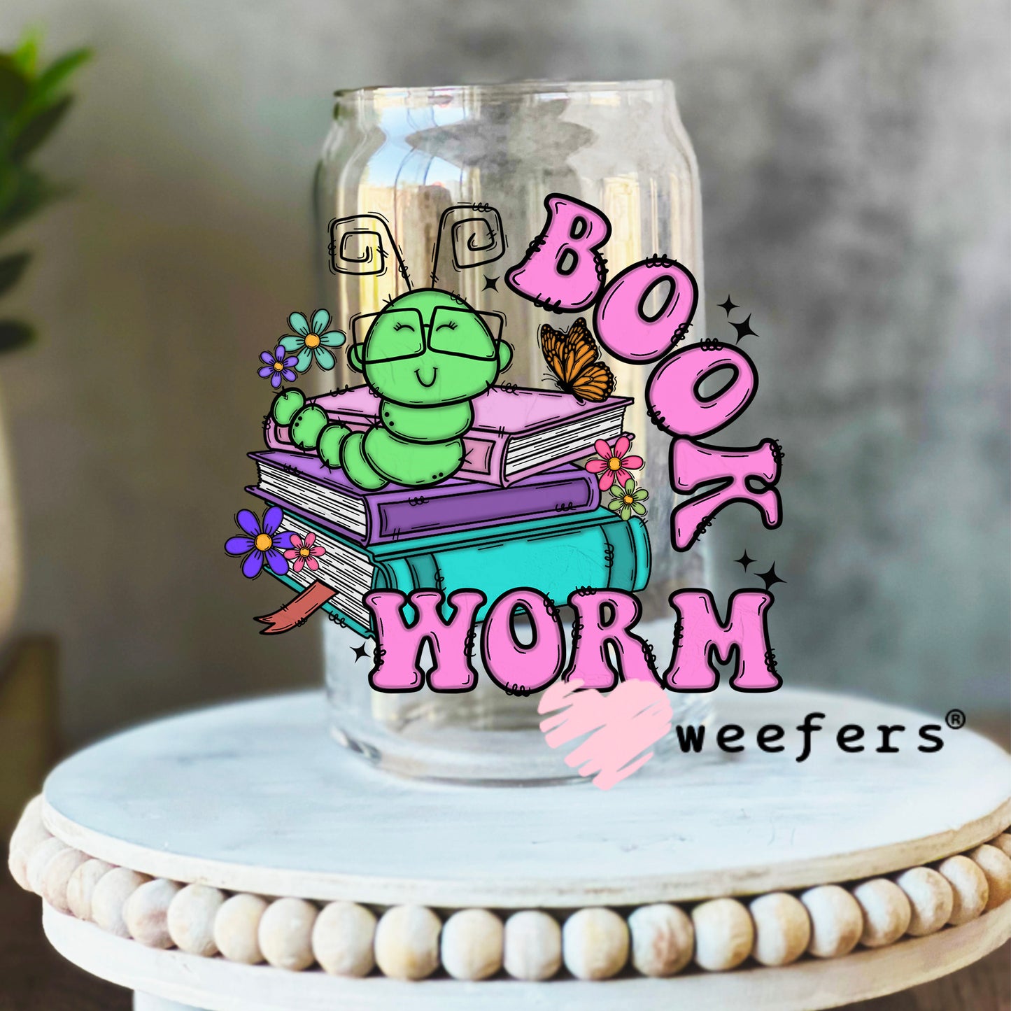 Bookworm Green Purple UV DTF Decal 16oz Libbey Glass Original Size Weefers