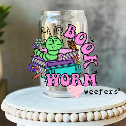 Bookworm Green Purple UV DTF Decal 16oz Libbey Glass Original Size Weefers