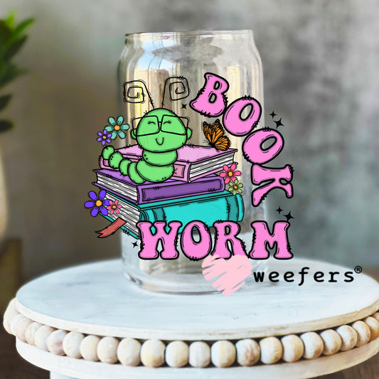 Bookworm Green Purple UV DTF Decal 16oz Libbey Glass Original Size Weefers