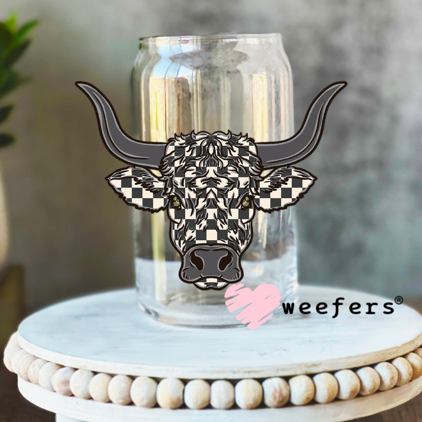 Grey Checkered Bull Face UV DTF Decal 16oz Libbey Glass Original Size Weefers