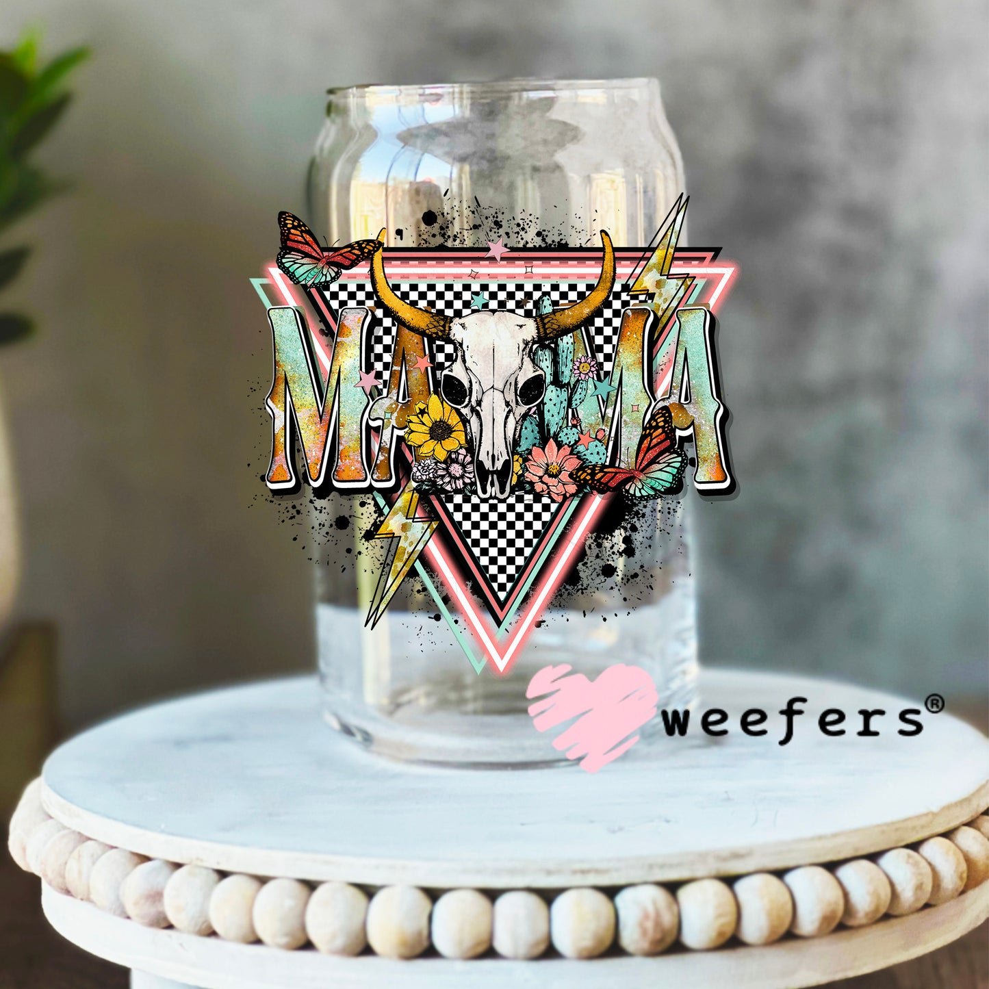 Mama Pink Teal Western Cow Skull UV DTF Decal 16oz Libbey Glass Original Size Weefers