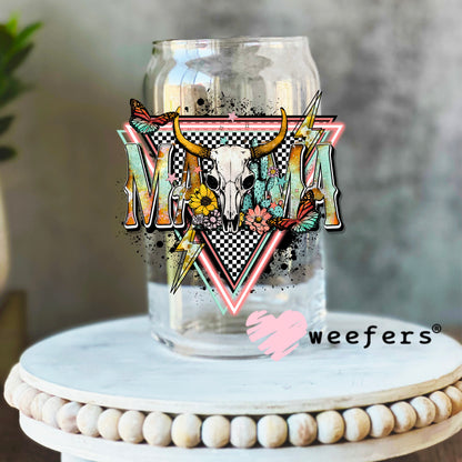Mama Pink Teal Western Cow Skull UV DTF Decal 16oz Libbey Glass Original Size Weefers