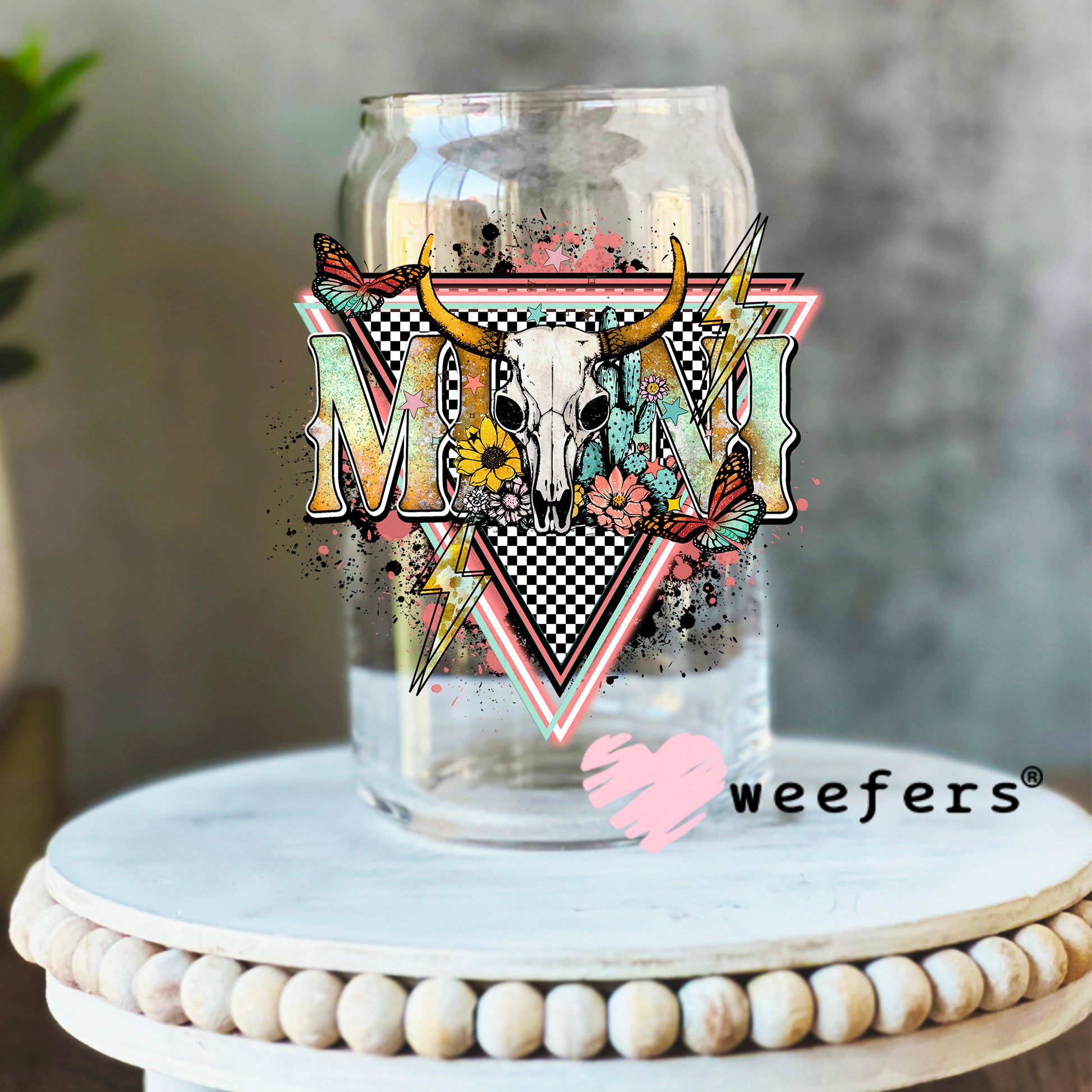 Mini Pink Teal Western Cow Skull UV DTF Decal 16oz Libbey Glass Original Size Weefers