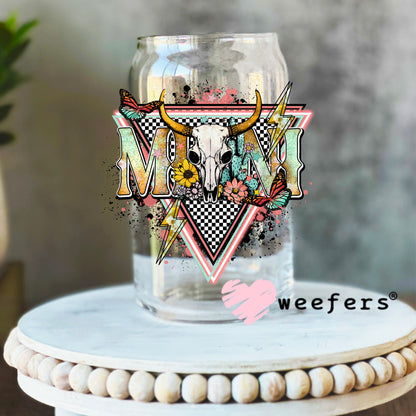 Mini Pink Teal Western Cow Skull UV DTF Decal 16oz Libbey Glass Original Size Weefers