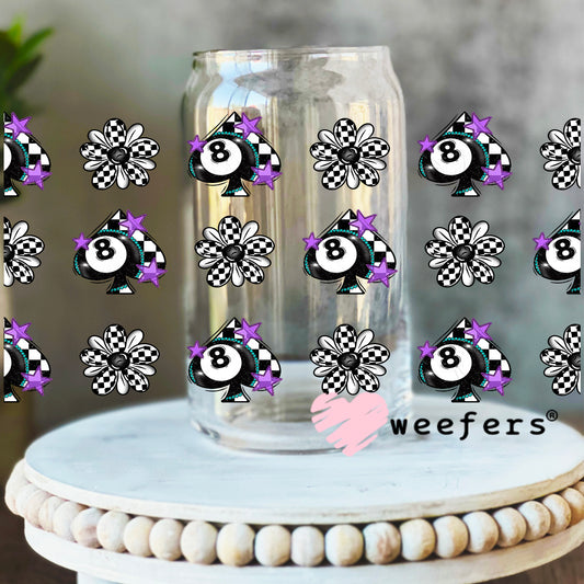 Eight Ball Checkered Spade Purple Sidekick UV DTF Cup Wrap - WEEFERS EXCLUSIVE WRAP 16oz Libbey Glass Original Size Weefers