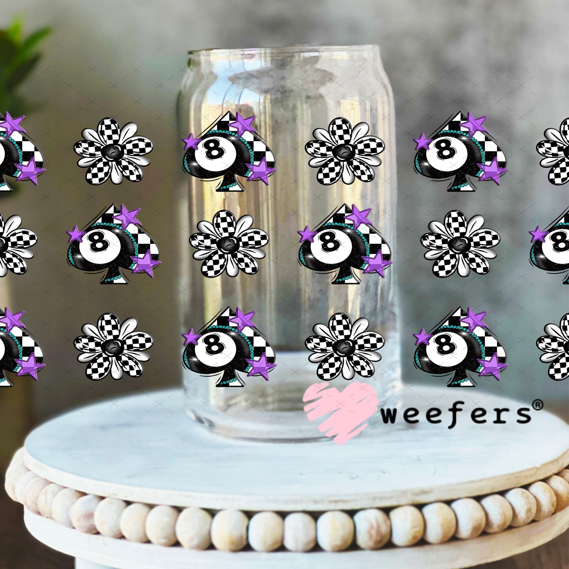 Eight Ball Checkered Spade Purple Sidekick UV DTF Cup Wrap - WEEFERS EXCLUSIVE WRAP 16oz Libbey Glass Original Size Cup Wrap Weefers