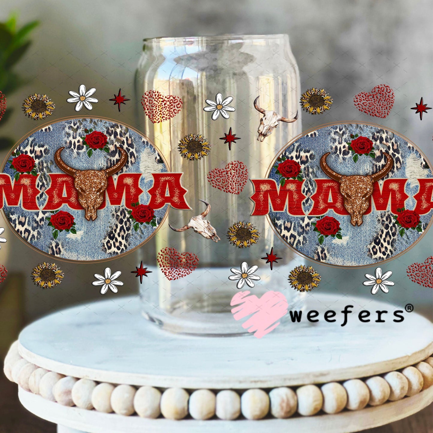 Red Mama Denim Round UV DTF Cup Wrap - WEEFERS EXCLUSIVE WRAP 16oz Libbey Glass Original Size Cup Wrap Weefers