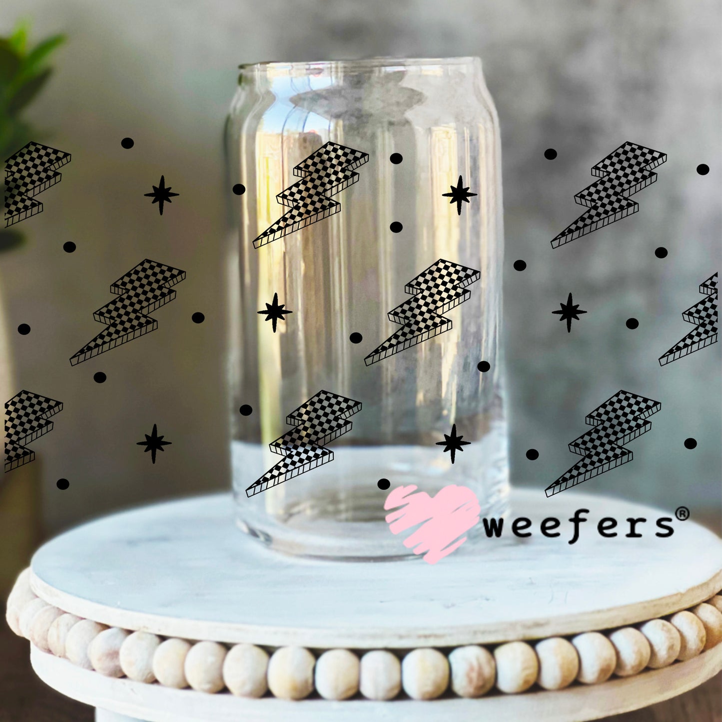 Black Checkered Lightening Bolts UV DTF Cup Wrap - WEEFERS EXCLUSIVE WRAP 16oz Libbey Glass Original Size Weefers
