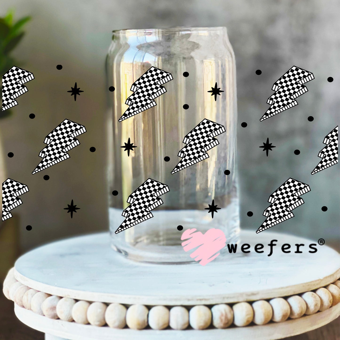 Black and White Checkered Lightening Bolts UV DTF Cup Wrap - WEEFERS EXCLUSIVE WRAP 16oz Libbey Glass Original Size Weefers