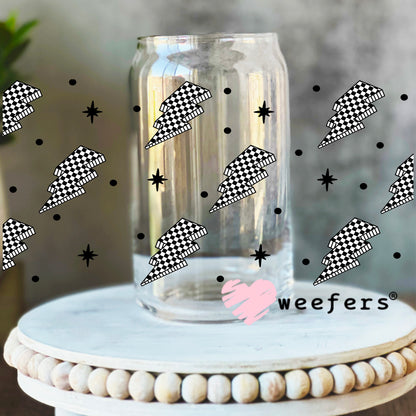 Black and White Checkered Lightening Bolts UV DTF Cup Wrap - WEEFERS EXCLUSIVE WRAP 16oz Libbey Glass Original Size Weefers