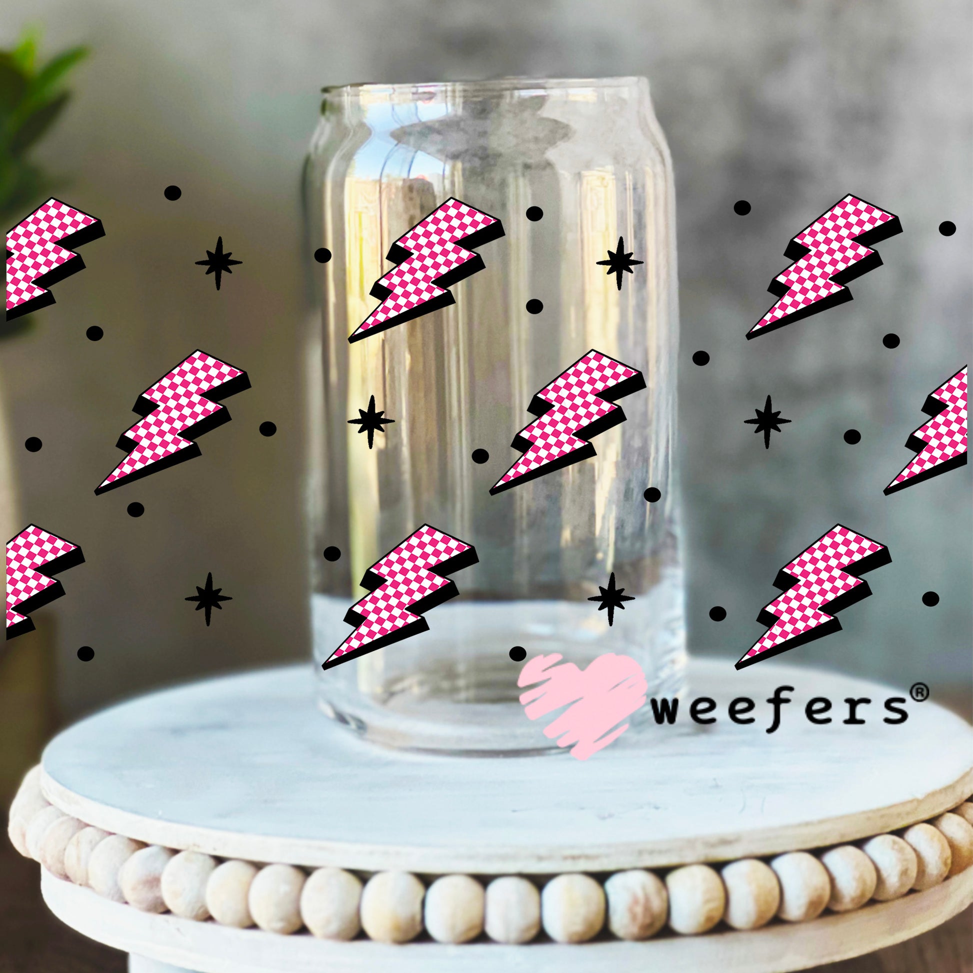 Pink and White Checkered Lightening Bolts UV DTF Cup Wrap - WEEFERS EXCLUSIVE WRAP 16oz Libbey Glass Original Size Weefers