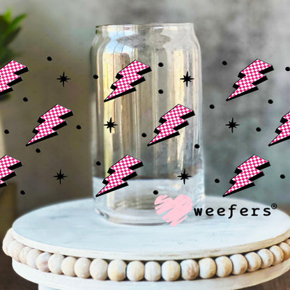Pink and White Checkered Lightening Bolts UV DTF Cup Wrap - WEEFERS EXCLUSIVE WRAP 16oz Libbey Glass Original Size Cup Wrap Weefers