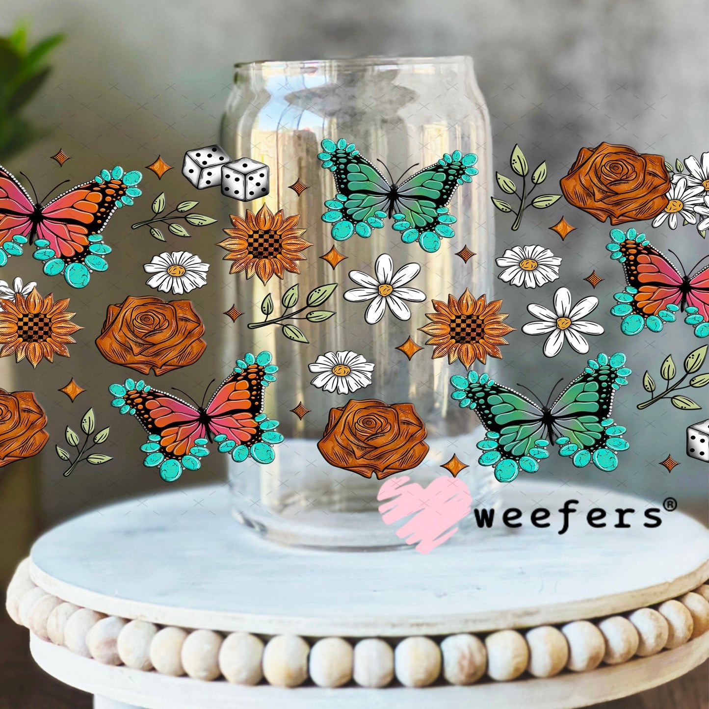 Rust Roses Butterflies and Sunflowers UV DTF Cup Wrap - WEEFERS EXCLUSIVE WRAP 16oz Libbey Glass Original Size Cup Wrap Weefers