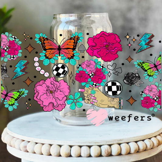 Howdy Pink Flowers Butterflies UV DTF Cup Wrap - WEEFERS EXCLUSIVE WRAP 16oz Libbey Glass Original Size Weefers