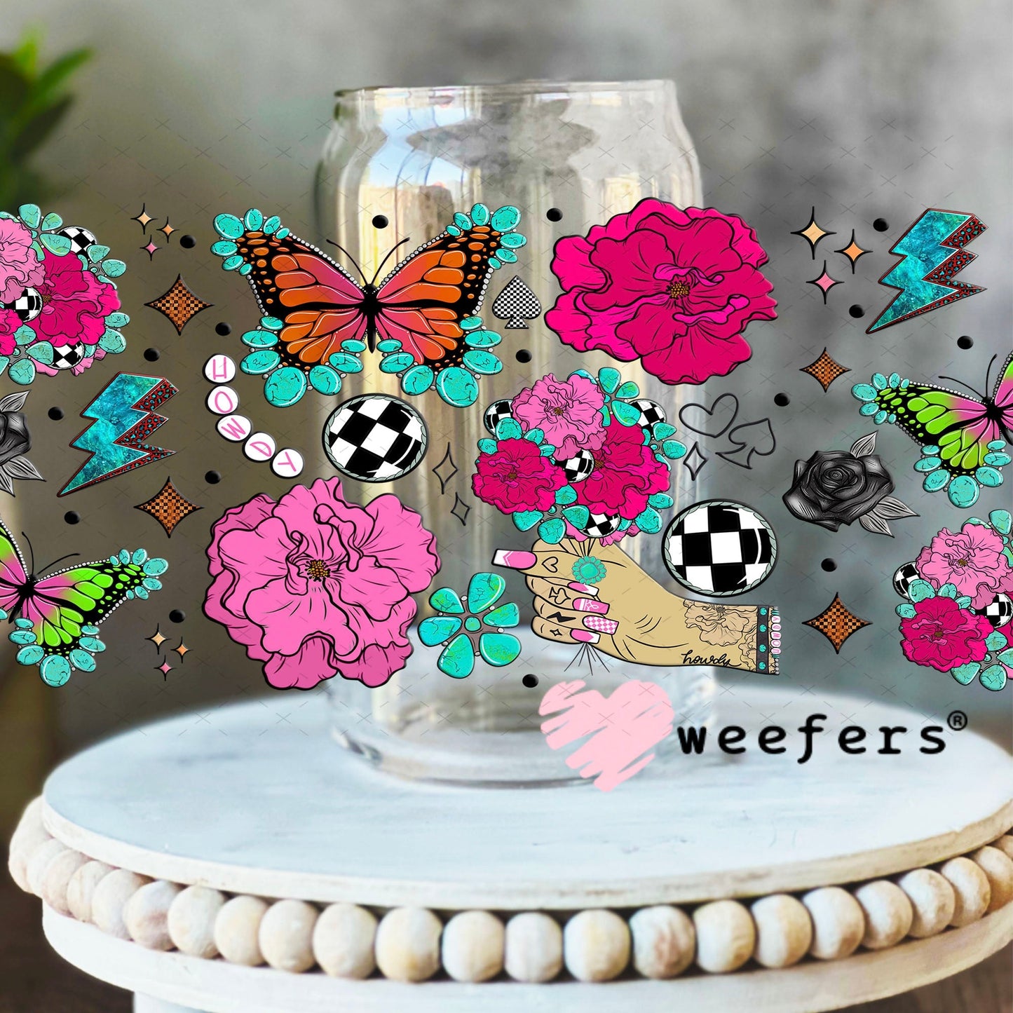 Howdy Pink Flowers Butterflies UV DTF Cup Wrap - WEEFERS EXCLUSIVE WRAP 16oz Libbey Glass Original Size Cup Wrap Weefers