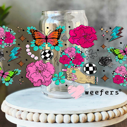 Howdy Pink Flowers Butterflies UV DTF Cup Wrap - WEEFERS EXCLUSIVE WRAP 16oz Libbey Glass Original Size Cup Wrap Weefers