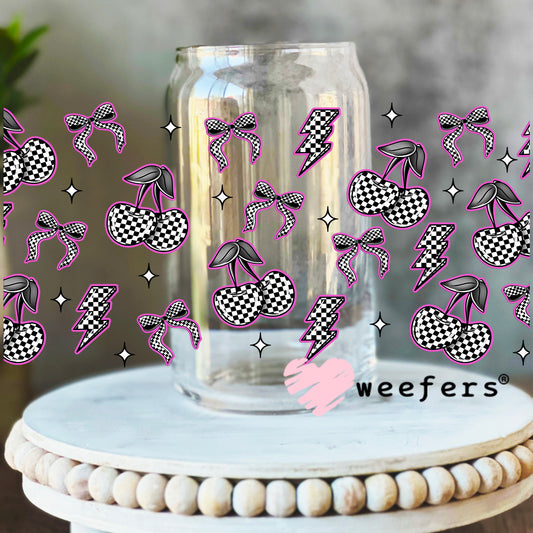 Purple Black and White Checkered Cherries and Bows UV DTF Cup Wrap - WEEFERS EXCLUSIVE WRAP 16oz Libbey Glass Original Size Weefers