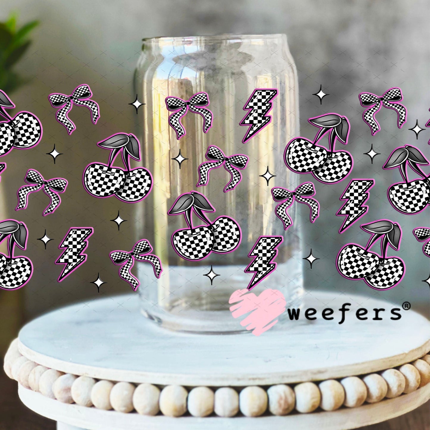 Purple Black and White Checkered Cherries and Bows UV DTF Cup Wrap - WEEFERS EXCLUSIVE WRAP 16oz Libbey Glass Original Size Cup Wrap Weefers