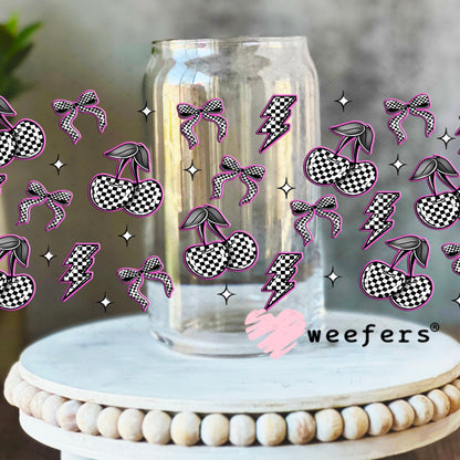 Purple Black and White Checkered Cherries and Bows UV DTF Cup Wrap - WEEFERS EXCLUSIVE WRAP 16oz Libbey Glass Original Size Cup Wrap Weefers