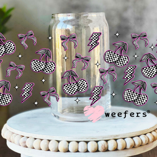 Purple Black and White Checkered Cherries and Bows UV DTF Cup Wrap - WEEFERS EXCLUSIVE WRAP 16oz Libbey Glass Original Size Cup Wrap Weefers