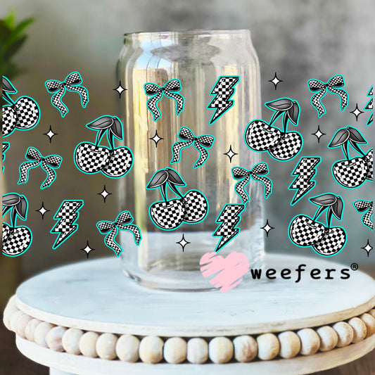 Teal Black and White Checkered Cherries and Bows UV DTF Cup Wrap - WEEFERS EXCLUSIVE WRAP 16oz Libbey Glass Original Size Weefers