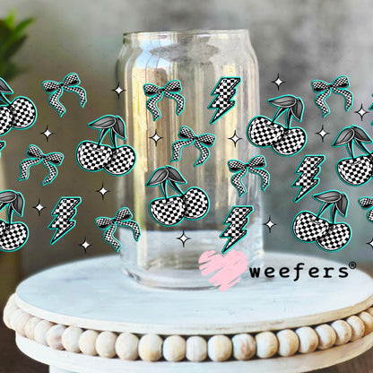 Teal Black and White Checkered Cherries and Bows UV DTF Cup Wrap - WEEFERS EXCLUSIVE WRAP 16oz Libbey Glass Original Size Cup Wrap Weefers