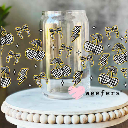 Yellow Black and White Checkered Cherries and Bows UV DTF Cup Wrap - WEEFERS EXCLUSIVE WRAP 16oz Libbey Glass Original Size Weefers