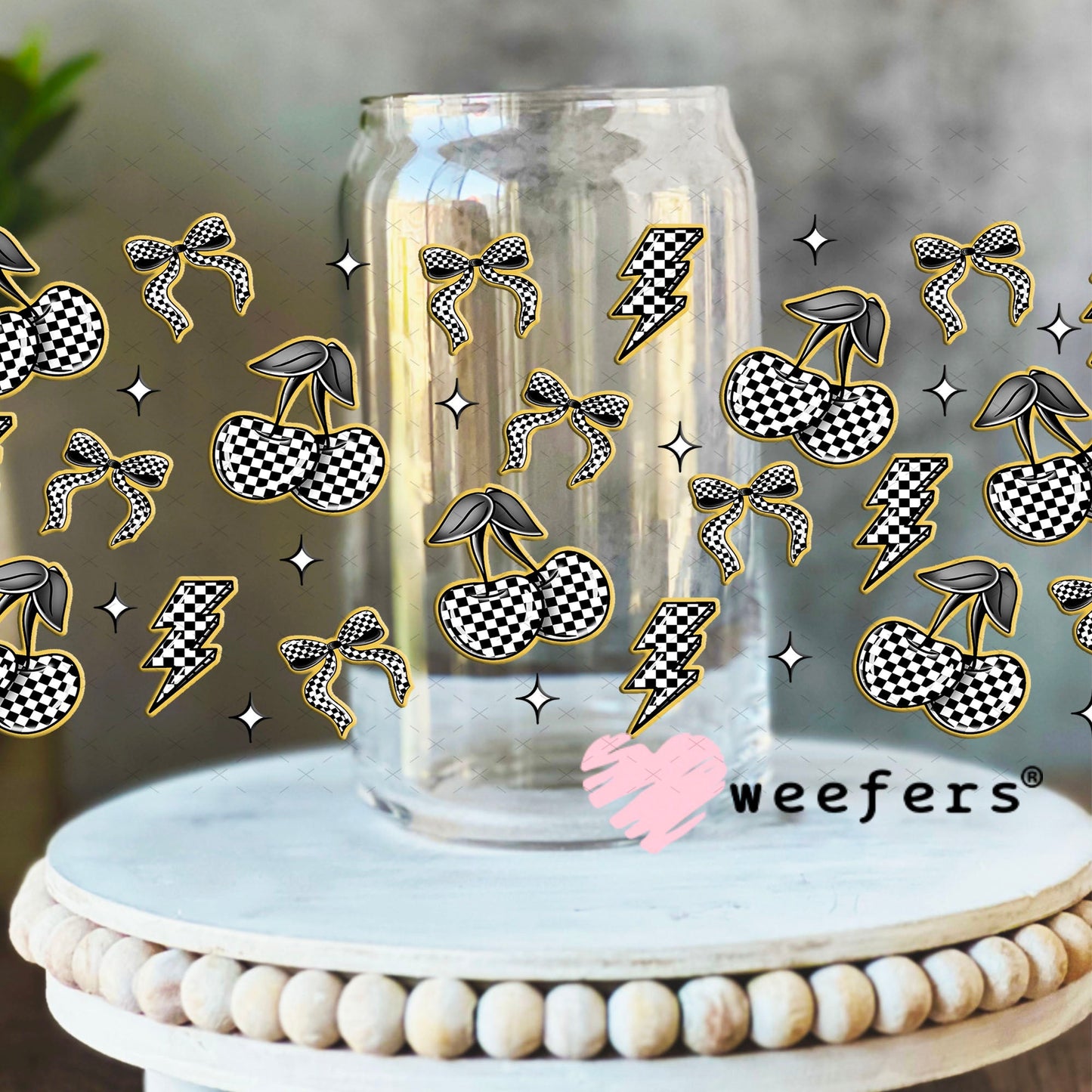 Yellow Black and White Checkered Cherries and Bows UV DTF Cup Wrap - WEEFERS EXCLUSIVE WRAP 16oz Libbey Glass Original Size Cup Wrap Weefers