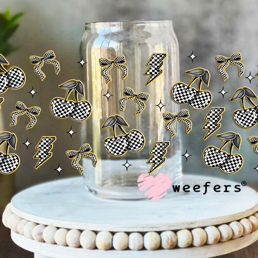 Yellow Black and White Checkered Cherries and Bows UV DTF Cup Wrap - WEEFERS EXCLUSIVE WRAP 16oz Libbey Glass Original Size Cup Wrap Weefers