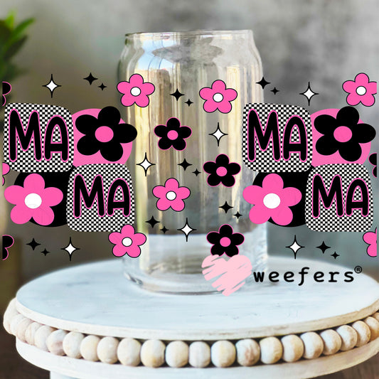 Mama Pink and Black Flowers UV DTF Cup Wrap - WEEFERS EXCLUSIVE WRAP 16oz Libbey Glass Original Size Weefers