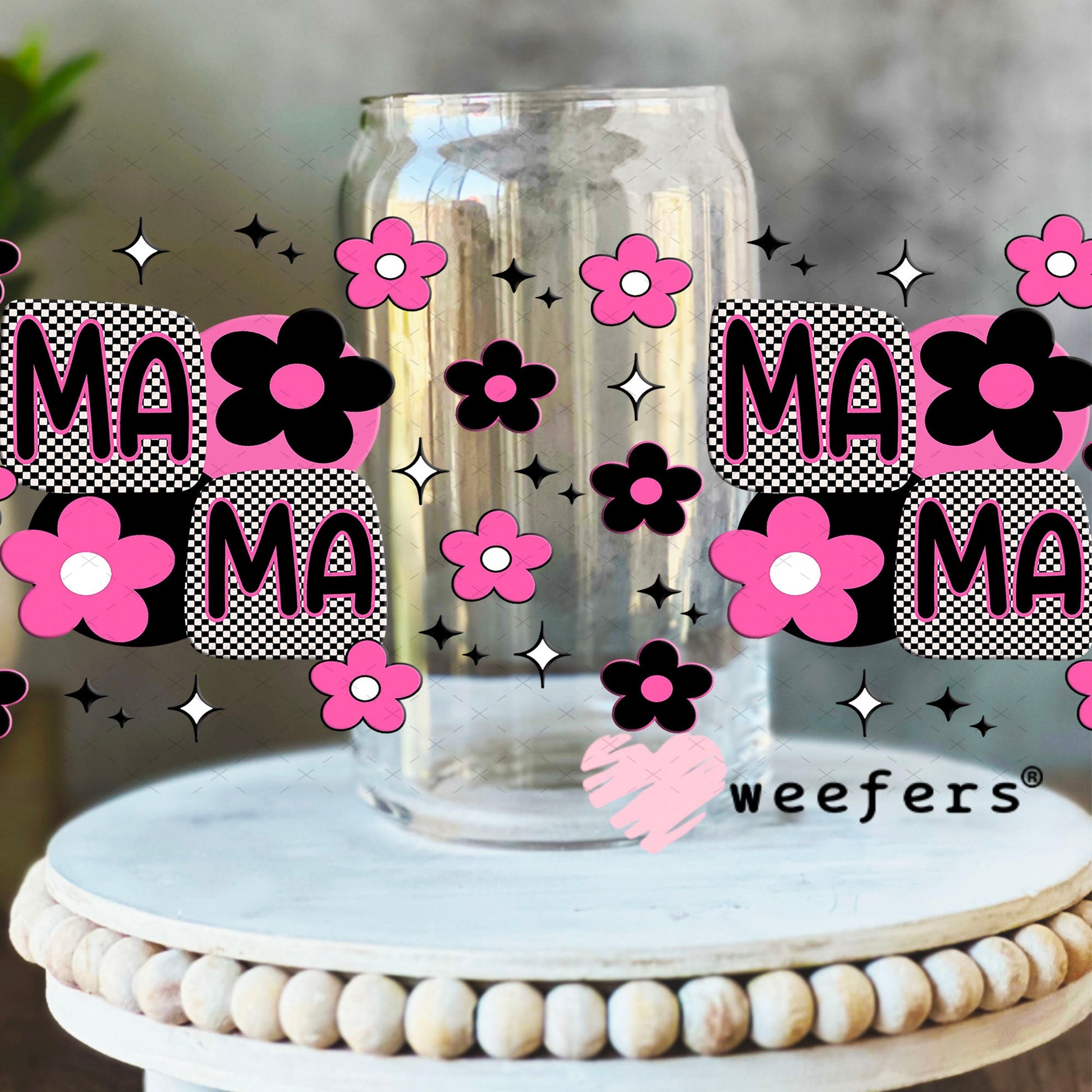 Mama Pink and Black Flowers UV DTF Cup Wrap - Weefers® Exclusive 16oz Libbey Glass Original Size Cup Wrap Weefers