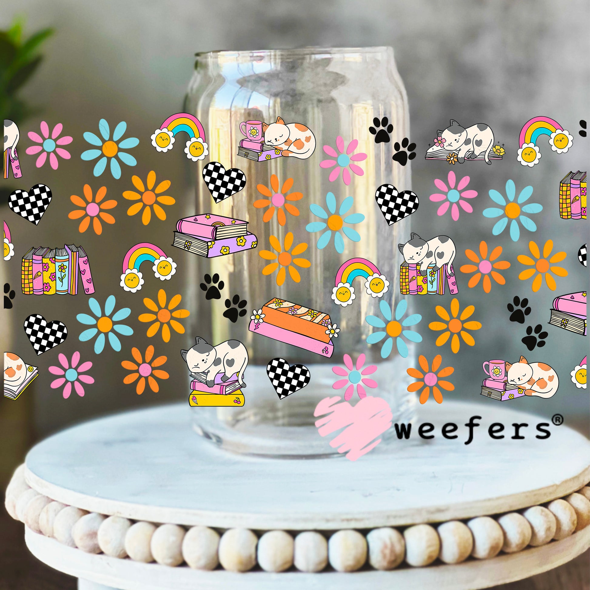 Retro Cats and Books UV DTF Cup Wrap 16oz Libbey Glass Original Size Weefers