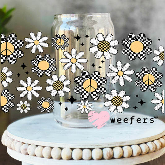 Black and White Checkered Flowers and White Daisies Scattered UV DTF Cup Wrap 16oz Libbey Glass Original Size Weefers