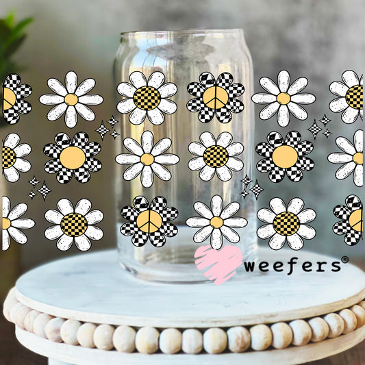 Black and White Checkered Flowers and White Daisies Lined UV DTF Cup Wrap 16oz Libbey Glass Original Size Weefers