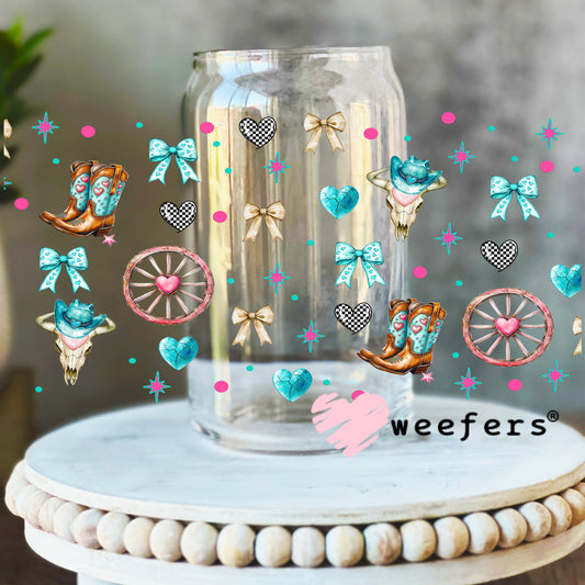 Hey There Cowboy Teal and Pink Sidekick UV DTF Cup Wrap - WEEFERS EXCLUSIVE WRAP 16oz Libbey Glass Original Size Weefers