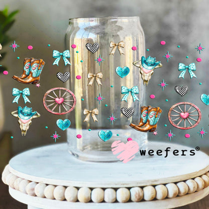 Hey There Cowboy Teal and Pink Sidekick UV DTF Cup Wrap - WEEFERS EXCLUSIVE WRAP 16oz Libbey Glass Original Size Cup Wrap Weefers