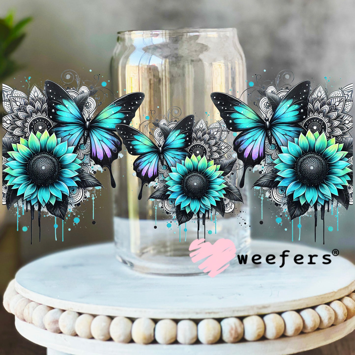 Teal Black and Purple Butterflies UV DTF Cup Wrap 16oz Libbey Glass Original Size Weefers
