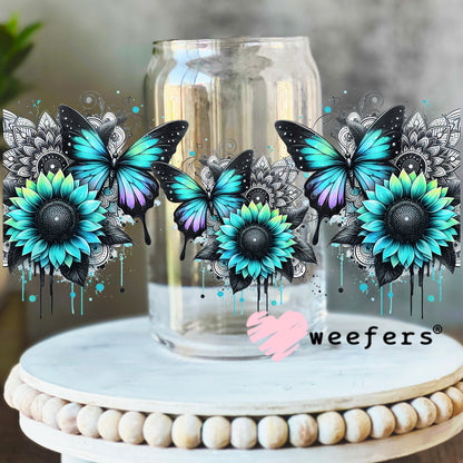 Teal Black and Purple Butterflies UV DTF Cup Wrap 16oz Libbey Glass Original Size Weefers