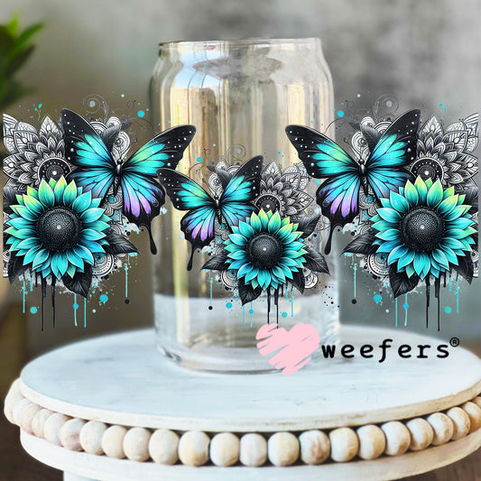 Teal Black and Purple Butterflies UV DTF Cup Wrap 16oz Libbey Glass Original Size Weefers