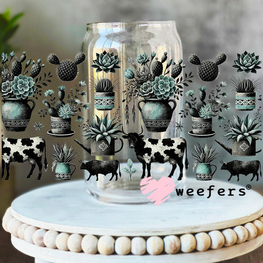 Cows and Succulents UV DTF Cup Wrap 16oz Libbey Glass Original Size Weefers