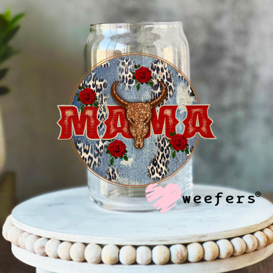 Red Mama Denim Round UV DTF Decal 16oz Libbey Glass Original Size Weefers