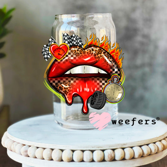 Race Day Red Lips UV DTF Decal 16oz Libbey Glass Original Size Weefers