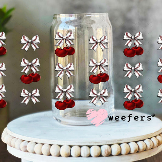 Cherry Bow Baseball UV DTF Cup Wrap - WEEFERS EXCLUSIVE WRAP 16oz Libbey Glass Original Size Cup Wrap Weefers
