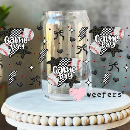 Game Day Baseball Black Checkered Lightening Bolts UV DTF Cup Wrap - WEEFERS EXCLUSIVE WRAP 16oz Libbey Glass Original Size Cup Wrap Weefers