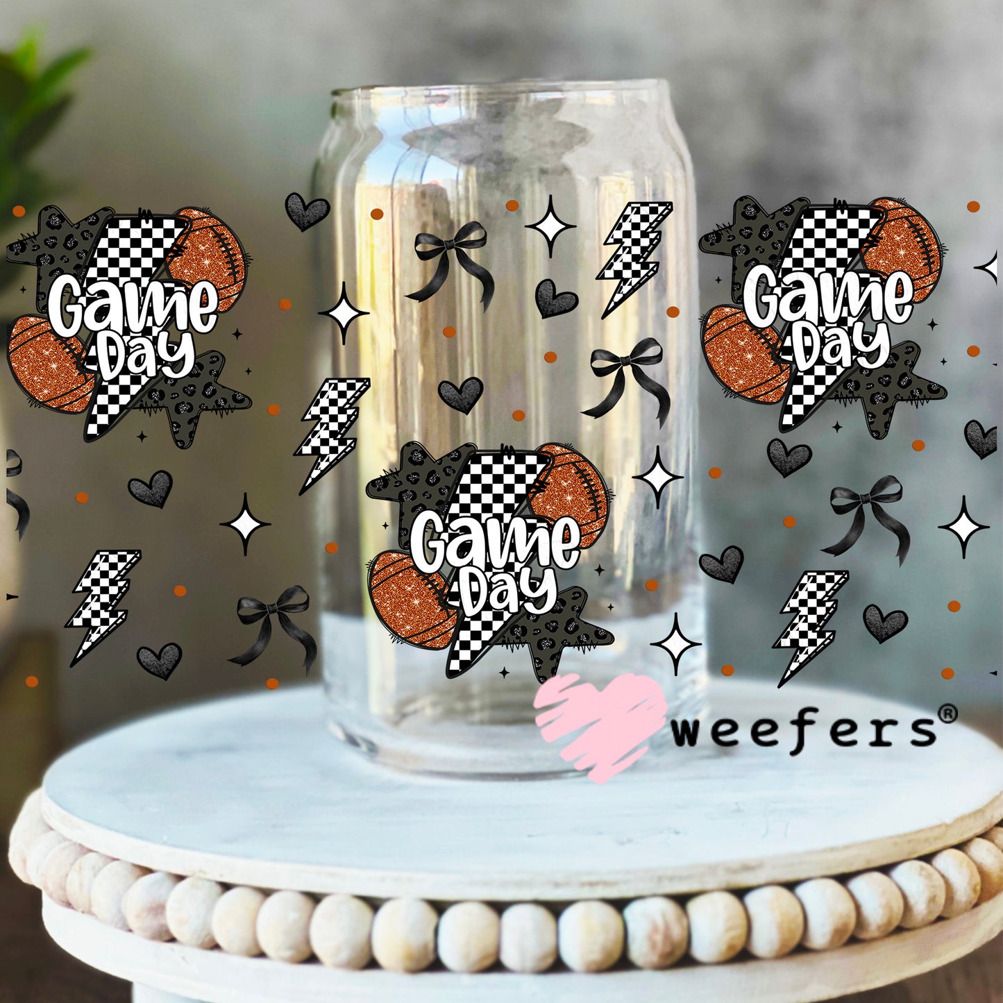Game Day Football Black Checkered Lightening Bolts UV DTF Cup Wrap - WEEFERS EXCLUSIVE WRAP 16oz Libbey Glass Original Size Weefers