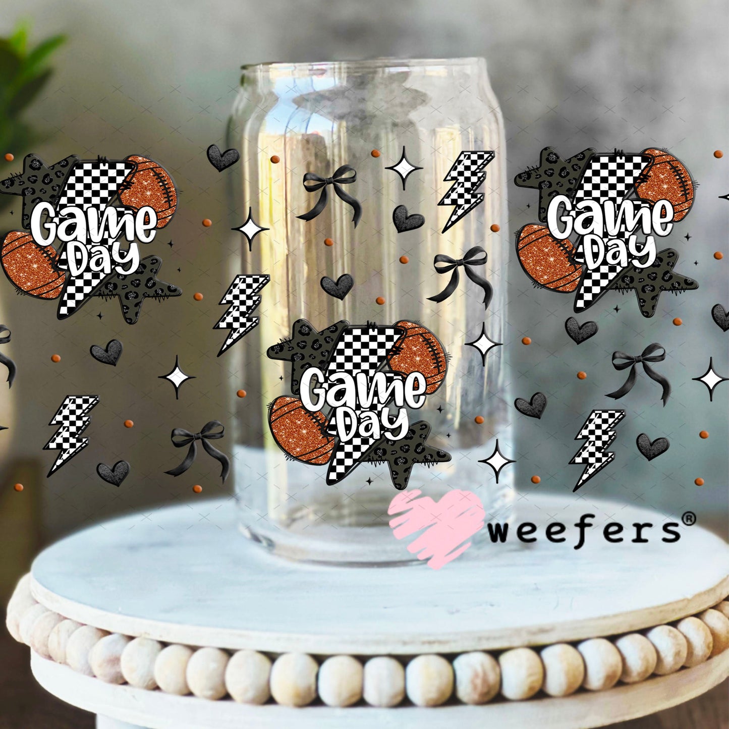 Game Day Football Black Checkered Lightening Bolts UV DTF Cup Wrap - WEEFERS EXCLUSIVE WRAP 16oz Libbey Glass Original Size Cup Wrap Weefers